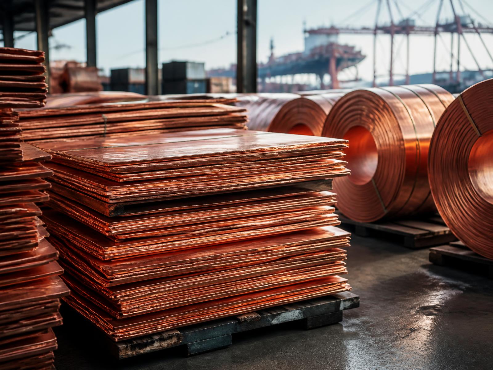 Copper cathodes and coils at an industrial port terminal